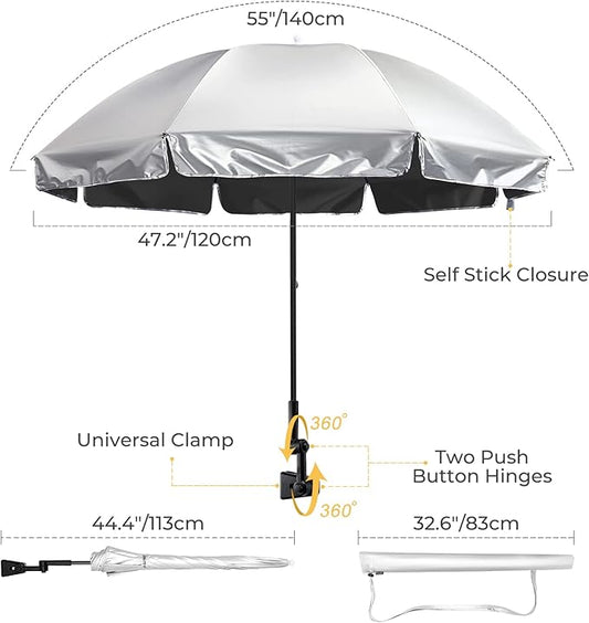 G4Free UPF 50+ Universal Clamp On Umbrella Adjustable Outdoor UV Protection Beach Chair Umbrella for Strollers, Wheelchairs, Patio Chairs, and Golf Carts