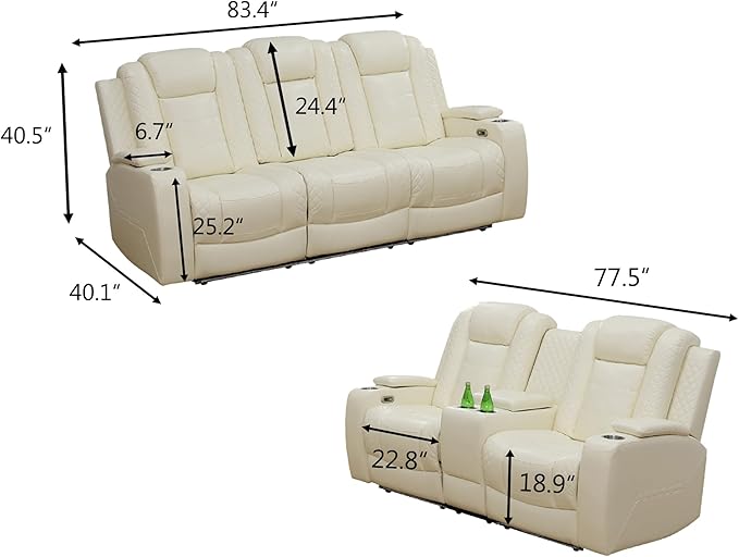 Power Recliner Sofa and Loveseat Set, 2 Piece Breathing Leather Living Room Set, Home Theater Seating Couches with LED/Cup Holders/Reading Light/Storage (Cream White, Upgared)