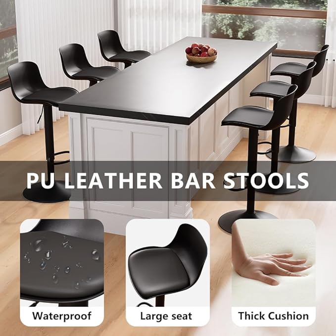 Kidol & Shellder Bar Stools Set of 2 Black Adjustable Swivel Counter Height Stools, Modern PU Leather Upholstered with Backs Barstools for Kitchen Island