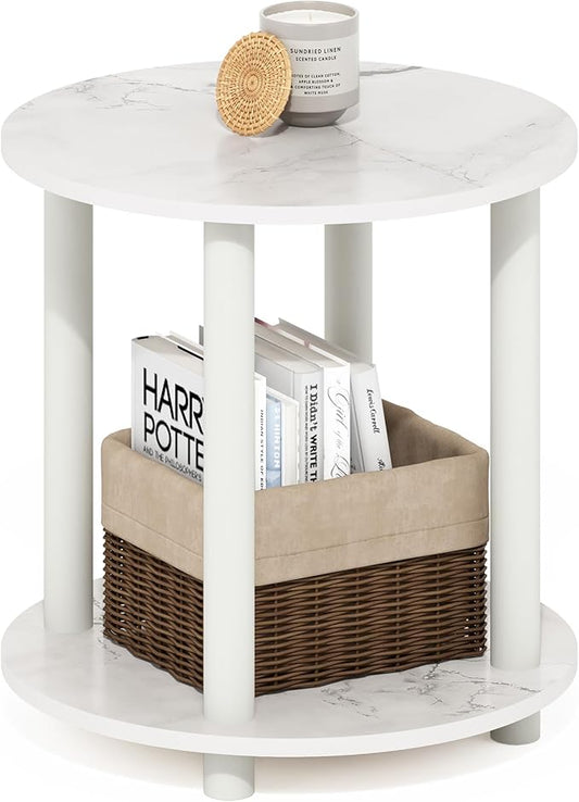 Furinno Turn-N-Tube 2-Tier Round Wooden End Table, Marble White