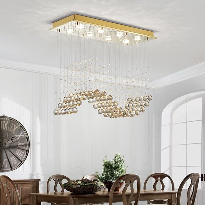 Saint Mossi 22019 8-Lights Modern K9 Crystal Chandelier Light Fixture, Raindrop Chandelier for Bedroom,Living Room,Dining Room, L30 x W12 x H26, Champagne Crystal & Light Gold Canopy