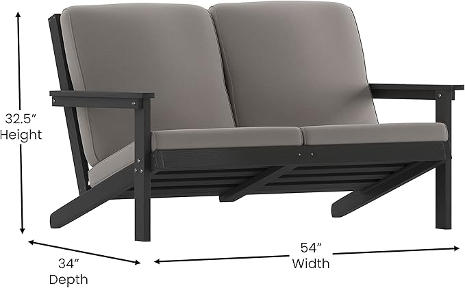 Flash Furniture Charlestown Adirondack Style Deep Seat Patio Loveseat with Cushions - Black Poly Resin Frame - Charcoal All-Weather Cushions - Indoor/Outdoor