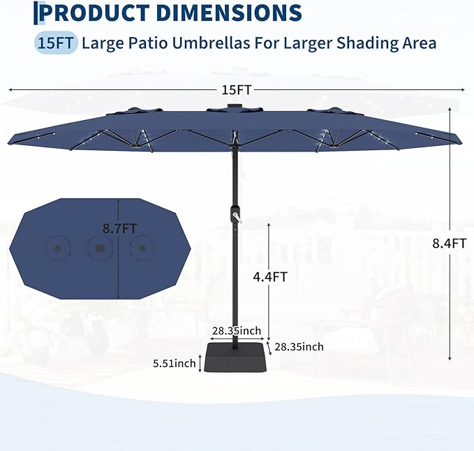 GarveeLife 15 FT Patio Umbrella with Base Included, Patio Table Umbrella with solar lights, 10 Sturdy Ribs UV Protection Waterproof for Garden, Pool, Deck, Backyard (Navy)