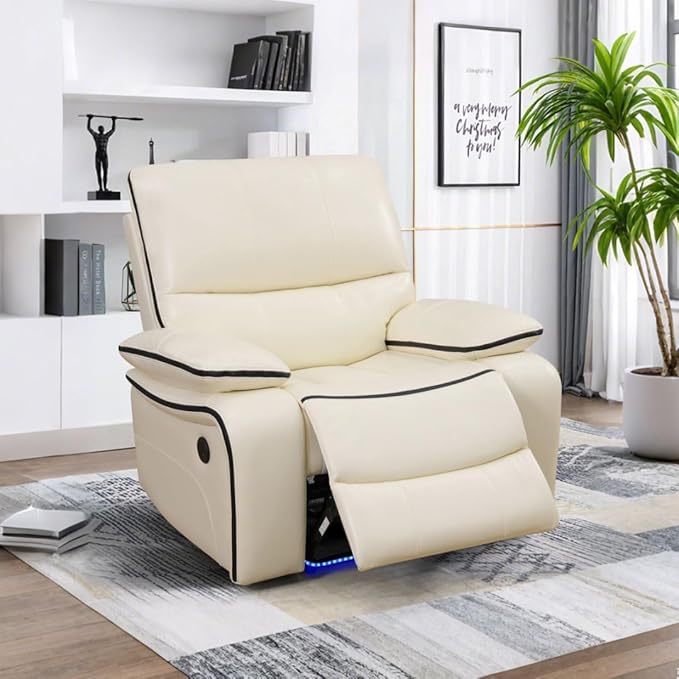 Leather Power Recliner Sofa Set with LED, Living Room Furniture Set, Leather Sofa Set with USB Port Storage Console Cup Holder for Office Living Room Home (Cream White-3)