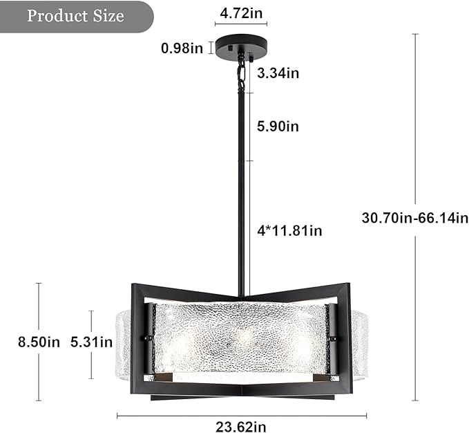 ALISADABOY Black Chandeliers for Dining Room Modern 23.62’’ Inch Large Chandeliers with Glass Shade Farmhouse 6 Light Drum Chandelier Light Fixture for Kitchen Island Hallway Entryway Living Room