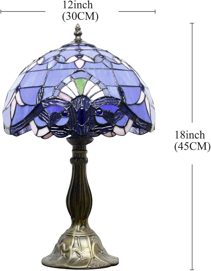 WERFACTORY Tiffany Lamp Stained Glass Table Lamp 12X12X18 Inches Blue Purple Baroque Style Lavender Bedside Reading Desk Light Decor Bedroom Living Room Home Office S003C Series