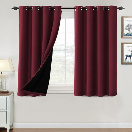H.VERSAILTEX 100% Blackout Curtains for Bedroom Thermal Insulated Blackout Curtains 45 inch Length Full Light Blocking Curtains for Living Room with Black Liner 2 Panels Set, Burgundy