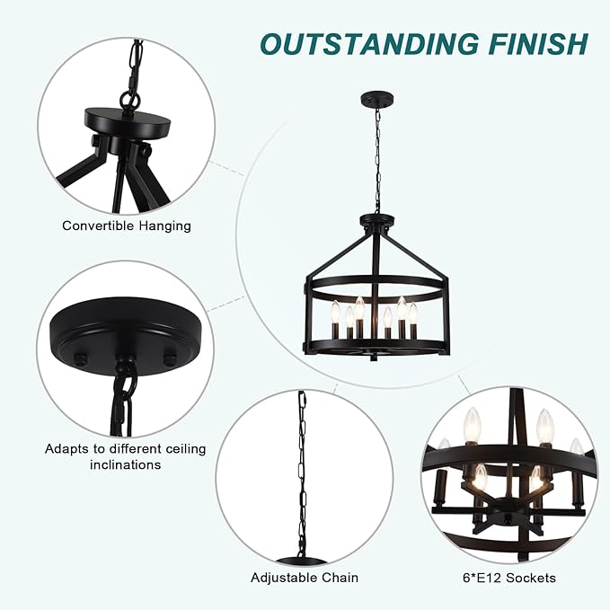 Black Farmhouse Chandelier for Dining Room,6-Light Modern Hanging Drum Chandeliers,20" Rustic Convertible Semi Flush Mount Ceiling Pendant Light Fixture for Kitchen Island Foyer Entryway Bedroom