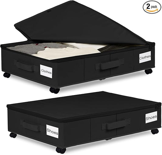 Under Bed Storage with Wheels, Rolling Under Bed Storage Containers with Label Holders for Clothes, Shoes and Blankets, Underbed Shoe Organizer with Cover, 2 Pack Black (30.71x15.7x7.28 in)