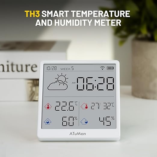 ATuMan TH3 Smart Thermometer Hygrometer - WiFi Enabled Indoor/Outdoor Temperature Humidity Monitor, 4.3'' Large LCD, Auto-Time Calibration, Type-C, High Precision Sensor for Home, Office, Greenhouse