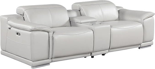 BlackJack Furniture Venice Top Grain Italian Leather Power Recline Loveseat Sofa - 93" Theater Seating Modern Couch for Living Room Apartment Home with Adjustable Headrests & USB Port, Light Grey