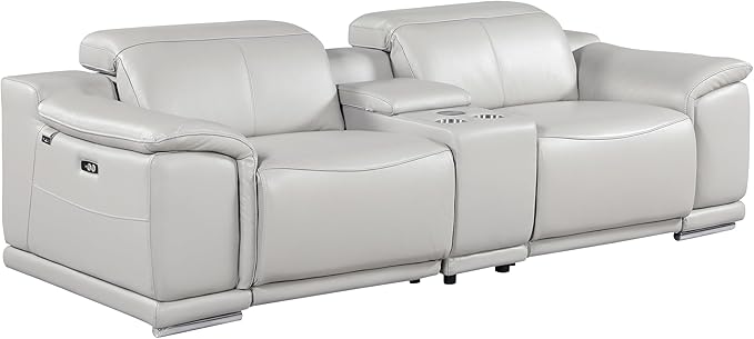 Blackjack Furniture Venice Top Grain Italian Leather Power Recline 6 Piece 5 Seater Sofa - 107" Theater Seating Modern Couch for Living Room Lounge with Adjustable Headrests & USB Port, Light Grey