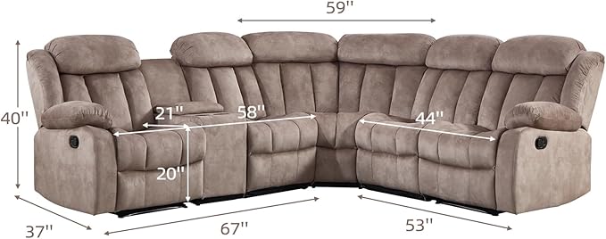 EBELLO Manual Reclining L-Shaped Sectional Sofa Set, Soft Fabric Corner Couch with Center Console, Cup Holders and Storage – Perfect Living Room Home Set Furniture, Light Brown