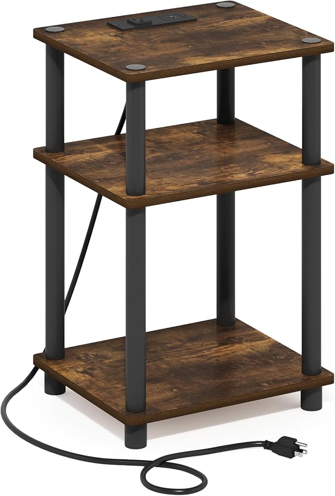 Furinno JUST Side Table, 3-Tier Modern End Table with Charging Station, Easy Assembly Night Stand, Bedside Table with USB and Type-C Charging Port, for Living Room, Bedroom, Amber Pine