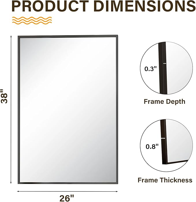 HARRITPURE 38"x26" Rectangular Bathroom Mirror Vanity Wall Mirrors Aluminium Alloy Frame Wall-Mounted for Over Sink Entryway Bedroom Living Room Black