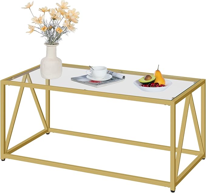 HOOBRO Glass Coffee Table, Gold Coffee Tables for Living Room, Gold Glass Coffee Table,1 Layer Center Table, Modern, for Apartment, Office, 39.4 x 19.7 x 17.7 Inches, Easy Assembly, Golden GD04KF01