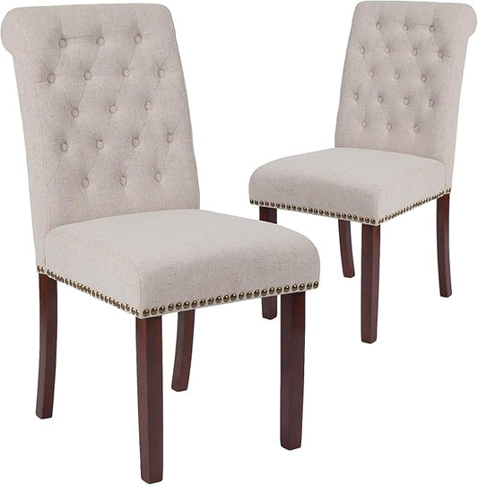 Flash Furniture Set of 2 HERCULES Series Beige Fabric Parsons Chair with Rolled Back, Accent Nail Trim and Walnut Finish