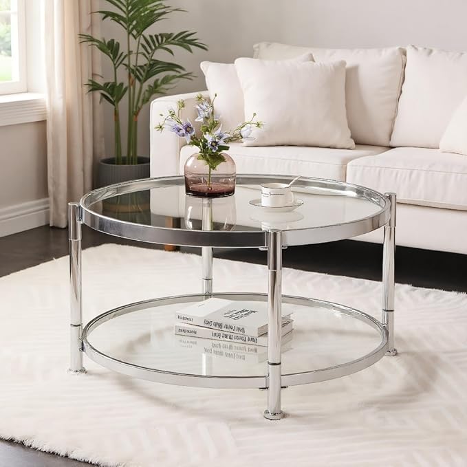 Tempered Glass Round Coffee Table, 28" Modern Acrylic Legs Circle Center Table for Living Room