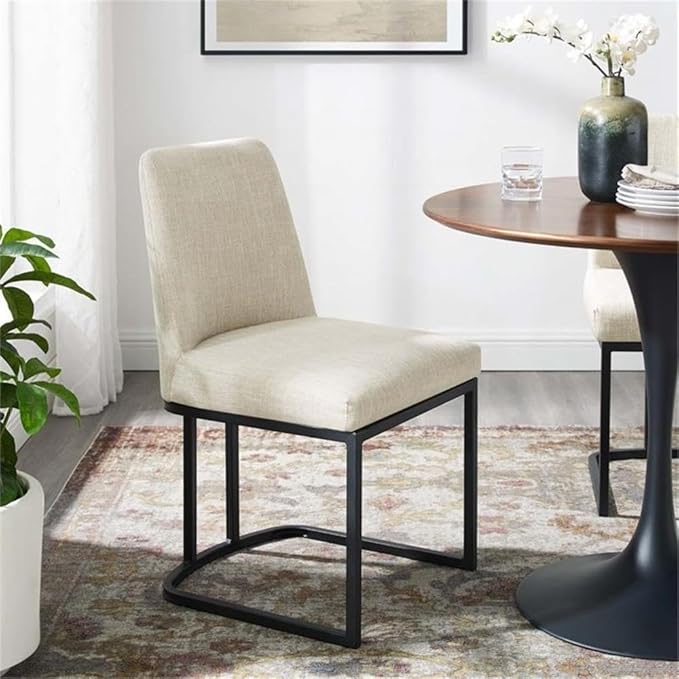 Modway Amplify Sled Base Upholstered Fabric Dining Side Chair, Black Beige 22 x 19 x 32