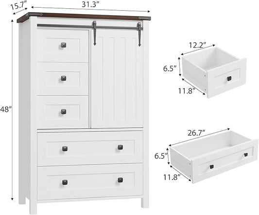 GarveeHome Farmhouse 5 Drawer Dresser for Bedroom, 48 in Tall Wood Dresser Chest of Drawer with Sliding Barn Door, Adjustable Shelf, Storage Organizer for Bedroom, Hallway, Living Room, Kitchen, White