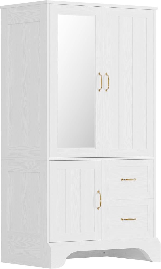 LIKIMIO Armoire Wardrobe Closet with Mirror and 3 Doors and 2 Drawers, Bedroom Wooden Armoire Storage Cabinet Combination with Hanging Rod for Bedroom, White