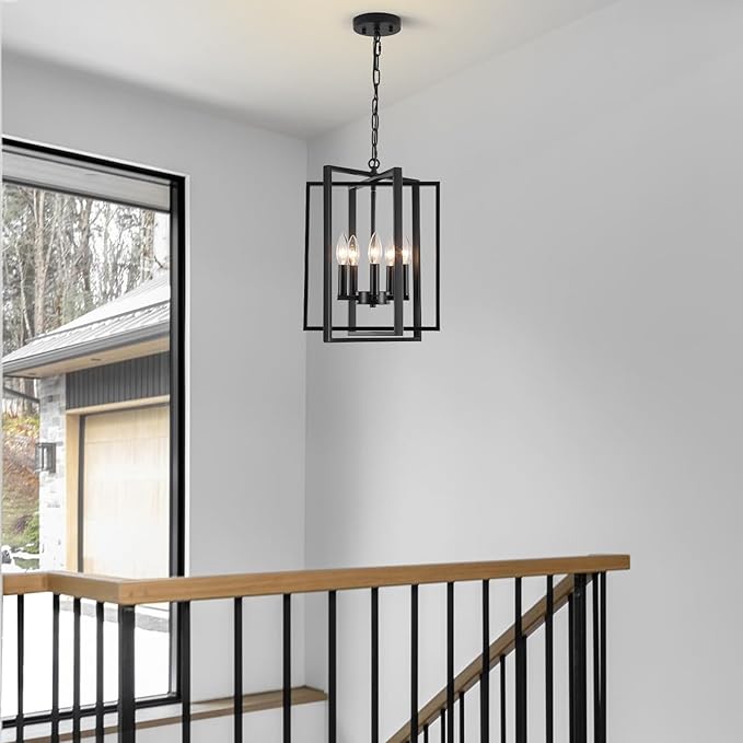 Black Modern Farmhouse Chandelier for Dining Room, 5-Light Pendant Lights Fixtures for Kitchen Island, Foyer Lighting Fixtures High Ceiling for Entryway Hallway Living Room Bedroom
