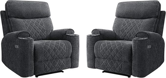 HAOMARKETS Power Recliner Chair Set of 2 for Adults with USB Charging Port, Electric Recliners with Metal Cup Holders, Single Overstuffed Heavy Duty Reclining Sofa Chairs for Living Room, Dark Grey