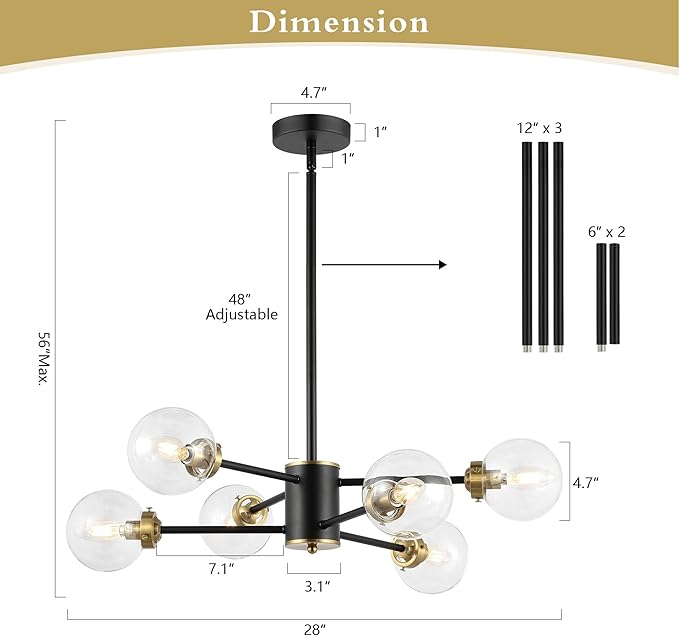 WINGBO 6-Light Sputnik Chandelier, Modern Pendant Light Fixture with 4.7" Clear Glass Globe Shade for Flat and Slop Ceiling, Height Adjustable for Kitchen Living Room Dining Room Bedroom, Black