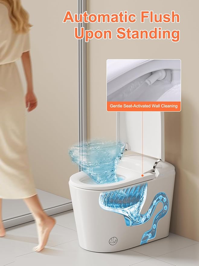 Smart Toilet with ADA Comfort Height Heated Seat, Night Light, Tankless Auto Toilet Flushing, Foot Sensor Operation, Modern Elongated One-Piece Toilet for Bathrooms
