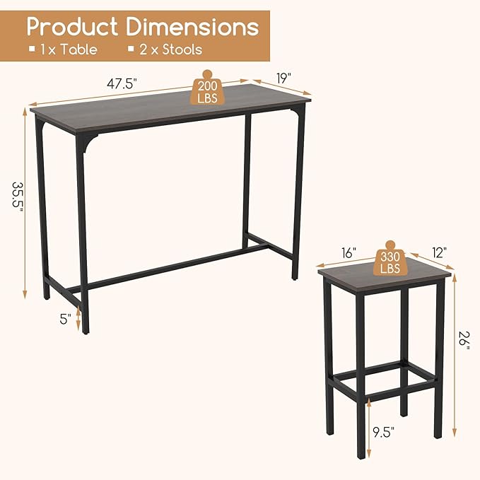 COSTWAY 3-Piece Dining Table Set, 47.5" Industrial Counter-Height Kitchen Table and 2 Bar Stools, High Top Rectangular Pub Table and Chairs for Dining Room Small Place Breakfast Nook Bistro (Grey)