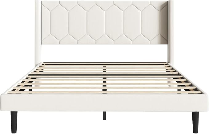 Queen Size Bed Frame with Headboard, Velvet Upholstered Platform Bed Frame No Box Spring Needed, Queen Sized Modern Bedframe with Strong Wooden Slats, Beige