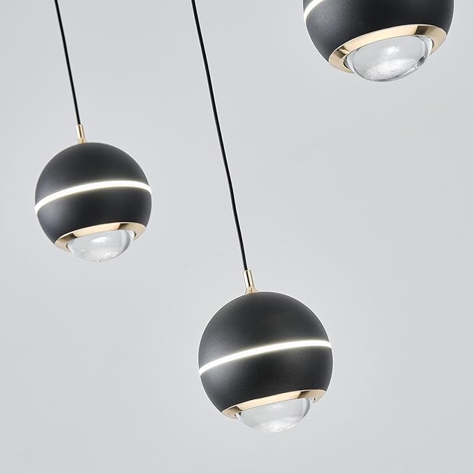 Modern LED Pendant Lights, Dimmable 36in Crystal Globe LED Chandelier Lighting, Black & Gold Dining Room Hanging Light Fixtures Kitchen Island Linear Pendant Light for Dining Table (3500lm)