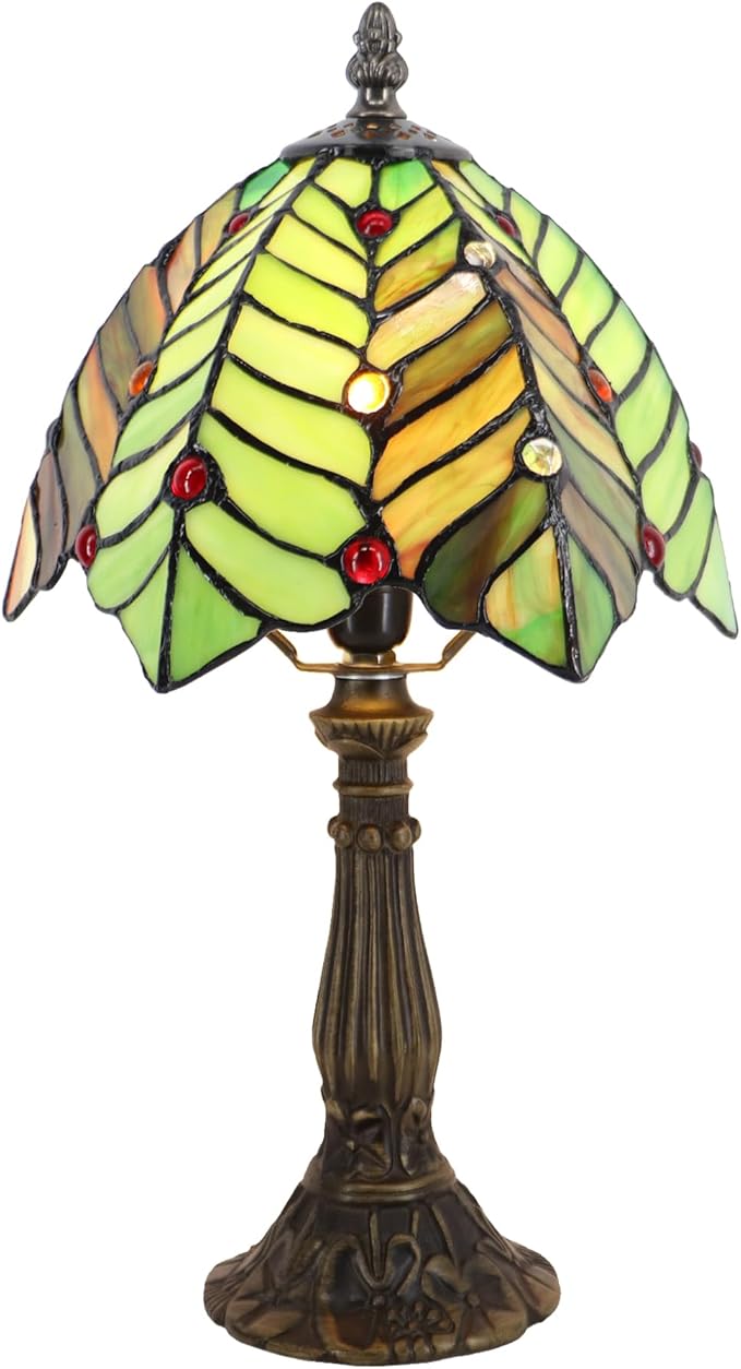 Small Tiffany Lamp Mini Accent Table Lamp Stained Glass Desk Memory Lamp Sympathy 8X14.5 Inch (Brown Green Leaf)