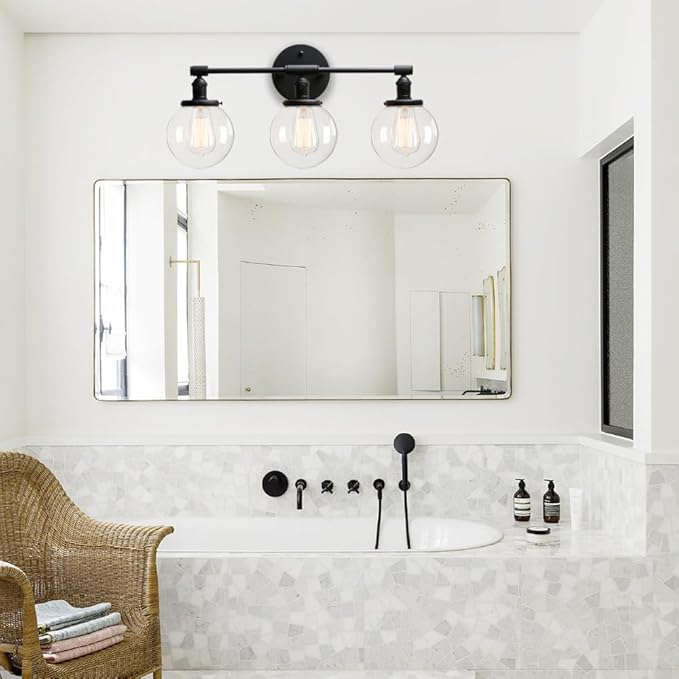 PERMO Vintage Wall Sconce Antique 3 Lights Modern Vanity Light Over Mirror Sconce with 5.9" Round Clear Glass Globe Shade (Black)