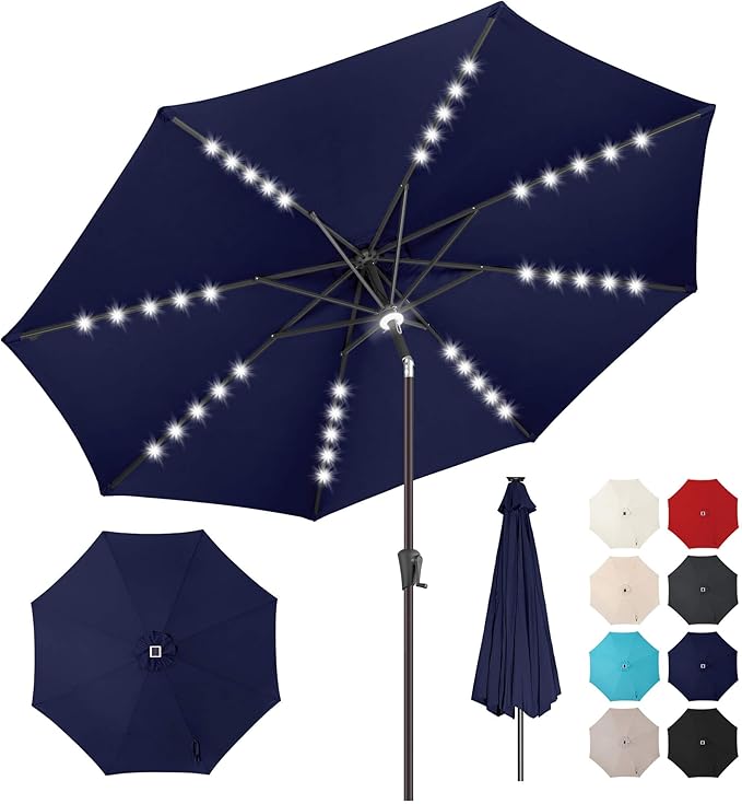 10ft Solar Umbrella Outdoor - Lighted Solar Patio Umbrella with 40 LED Lights Waterprool UV Protection, Table Umbrella with Tilt for Pool, Porch, Garden, Deck, Backyard (Navy Blue)
