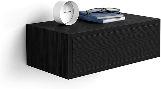 Mobili Fiver, Riccardo Floating nightstand, Ashwood Black, 17.7" x 9.8" x 6.1 ", Melamine-Finished, Modern Bedside Table, End Table, Italian Furniture