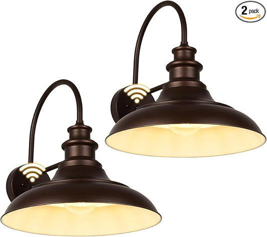 Dusk to Dawn Sensor Outdoor Barn Light Fixtures, 16 Inch Dome Farmhouse Outdoor Wall Sconces, Rustic Exterior Wall Mount Lights, Industrial Bronze White Wall Lanterns for Porch, 2 Pack