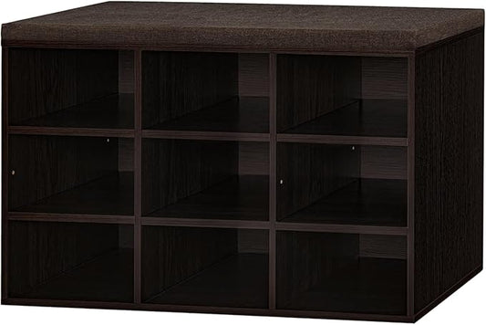 DINZI LVJ Shoe Bench, 9 Cubbies Shoe Organizer for Entryway, Storage Bench with Cushion, Cubby Shoe Rack with Adjustable Shelves for Living Room, Bedroom, Mudroom, Hallway, Espresso