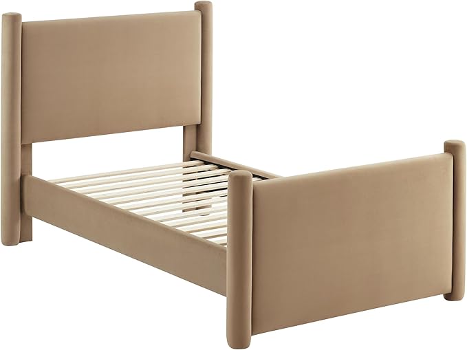 Modway Rael Twin Platform Bed Frame with Upholstered Headboard and Footboard in Taupe – Stain-Resistant Performance Velvet Twin Size Bed with Rounded Posts