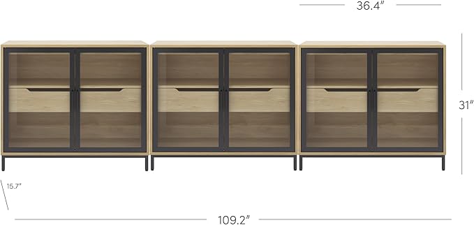 Nathan James Mackenna Metal and Glass Sideboard Accent Cabinet with Two Doors, Oak Credenza for Kitchen or Living Room Set of 3