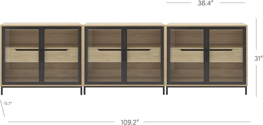 Nathan James Mackenna Metal and Glass Sideboard Accent Cabinet with Two Doors, Oak Credenza for Kitchen or Living Room Set of 3