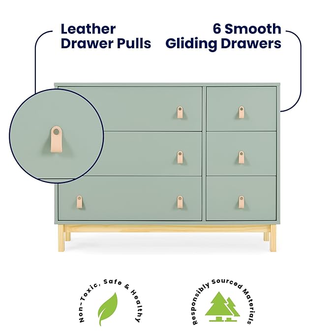babyGap Legacy 6 Drawer Dresser with Leather Pulls and Interlocking Drawers by Delta Children - Greenguard Gold Certified, Sage Green w/Natural