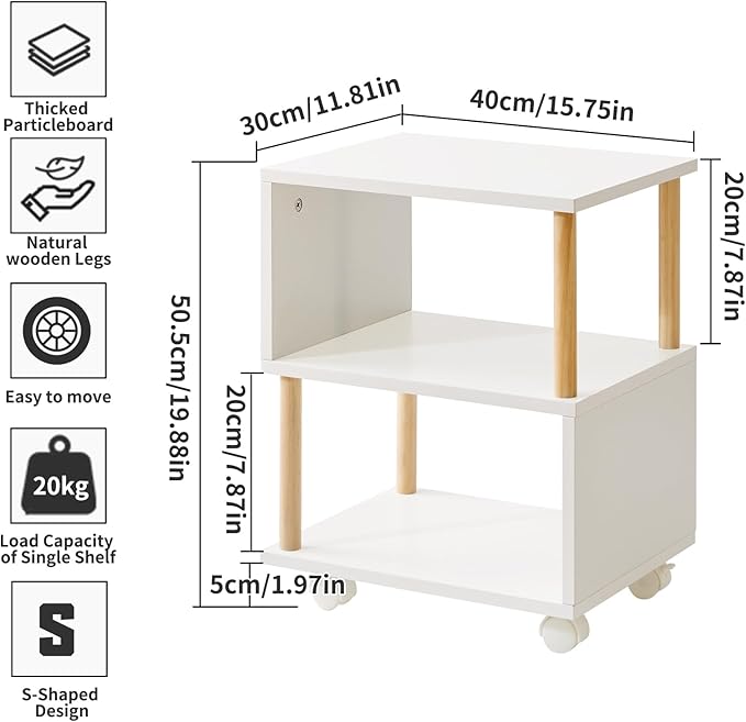 Wooden Night Stand with Open Shelf, Nightstand with Wheels, S-Shaped Bed Side Table 3 Tier, 20 inch High End Table White YD-TM155W