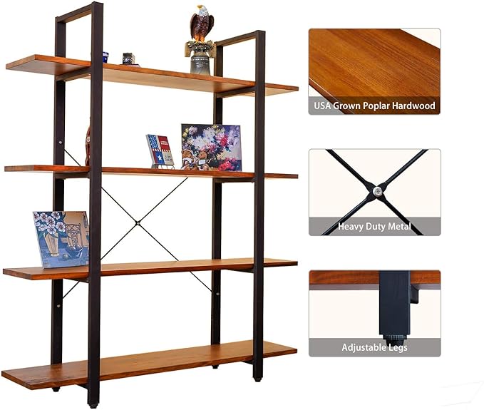 CONSDAN Industrial Bookshelf, USA Grown Hardwood, Real Wood Bookshelves, Modern Open Rustic Bookcase, Storage Shelf, Display Shelf, Poplar Solid Wood-4 Tier Shelf