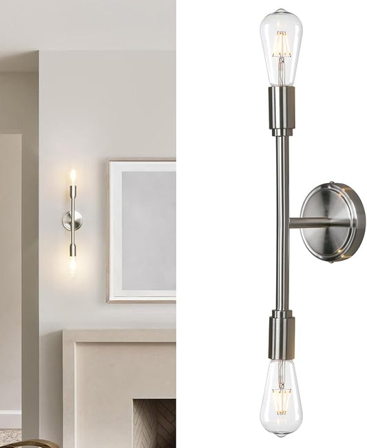 Phansthy Modern Double Sconce Wall Lighting, Bathroom Vanity Light Fixture Horizontal and Vertical, 2-Light Indoor Wall Lamps for Mirror Hallway Kitchen Living Room (Brushed)