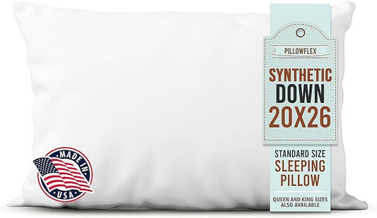 Pillowflex Synthetic Down Sleeping Pillows - Standard Size - Medium Firmness for Back, Side & Stomach Sleepers - Ideal for Standard Size Bed, Twin, & Full Size Beds - Comfortable Pillow for Sleeping