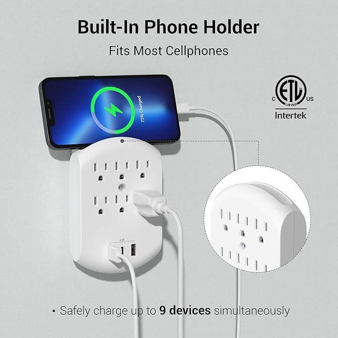 Clear Power 2-Pack USB Wall Charger, 6-Outlet Extender Wall-Tap with 2 USB Charging Ports(1 USB-C) & Nightlight, Multi-Plug Outlets, 3-Prong, White, DC3S-10052P-DC