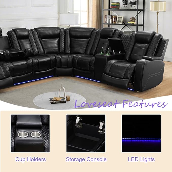 Leather Living Room Furniture Set, Black Power Recliner Sectional Sofa Set with LED, Power Recliner Sofa Couch and 3-Seated Couch Sets with Storage Console/Breathing Leather forHome/Office
