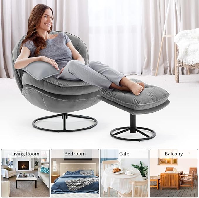Velvet Swivel Accent Chair with Ottoman Set, Modern Lounge Chair with Metal Base Frame & Footrest, Comfortable Single Leisure Sofa Chair Reading Chair with 360 Degree Swiveling for Living Room, Gray
