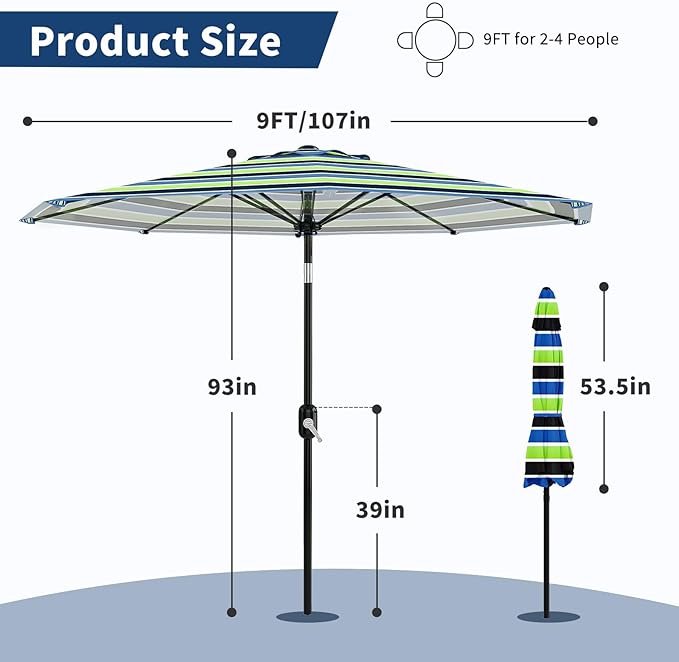 Garvee 9FT Patio Umbrella - Outdoor Table Umbrella with Crank Lift & Push Button Tilt - Market Umbrella 8 Sturdy Ribs UV Protection for Pool, Deck, Yard, Garden
